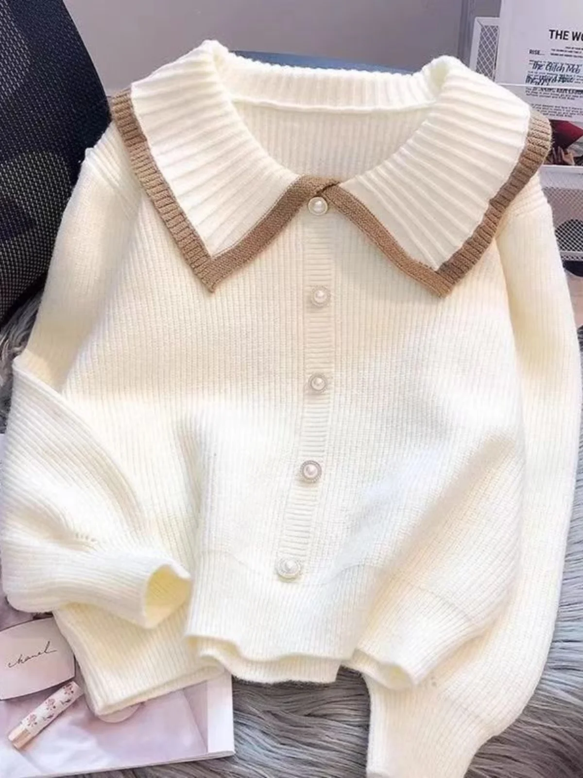 

Милый свитер с воротником Питера Пэна, женский новый весенне-осенний вязаный топ с длинными рукавами, однобортный свободный топ во французском стиле