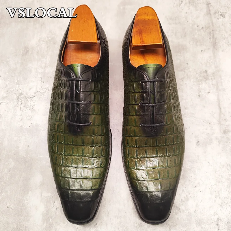Zapatos Oxford de lujo para hombre, zapatos de vestir informales con estampado de croco verde y negro, zapatos de cuero genuino para oficina y boda con cordones para hombre