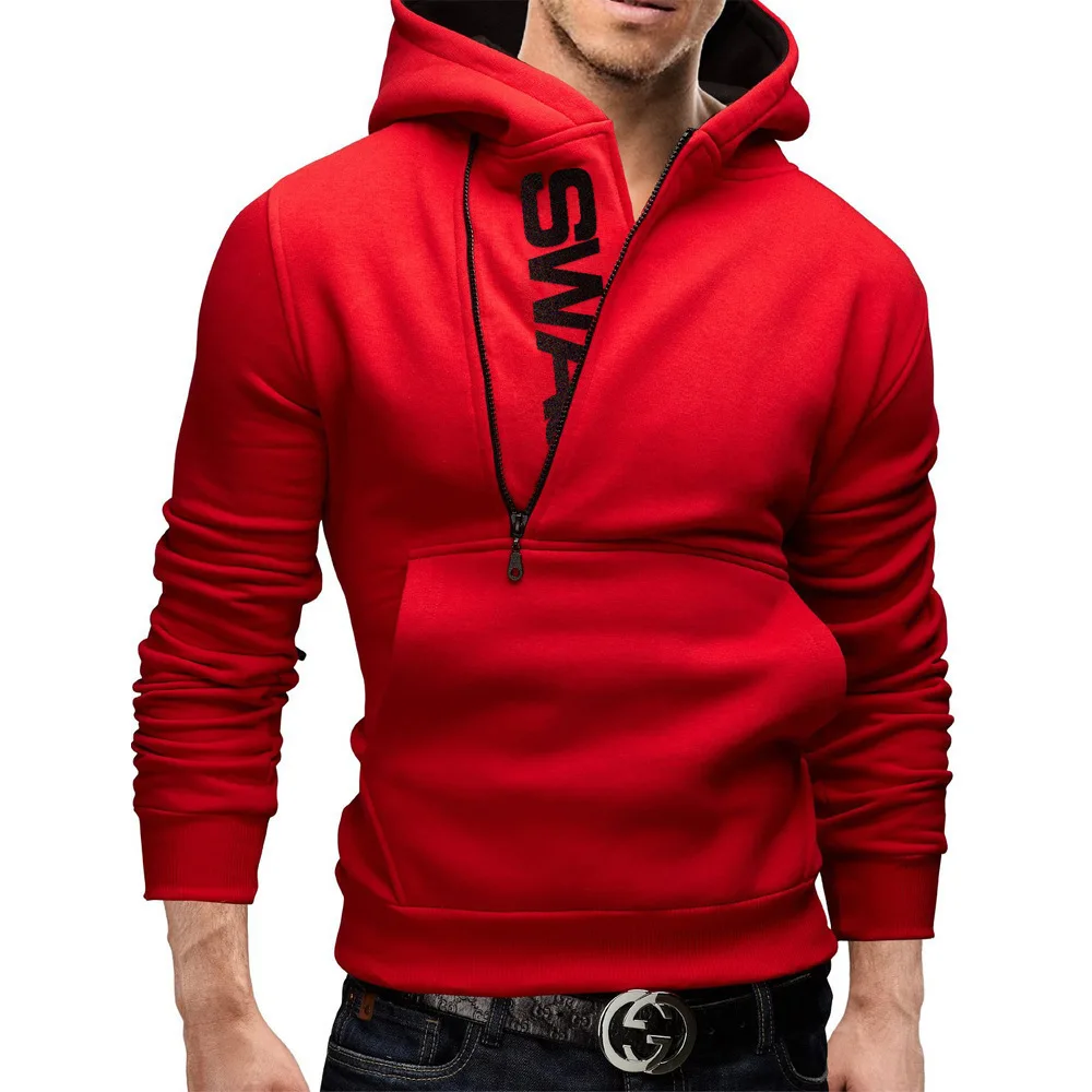 Zipper Print Hooded Sweatshirt for Men Autumn Winter Fashion Casual Sports Tops Male Long Sleeve Solid Color Pullover Streetwear