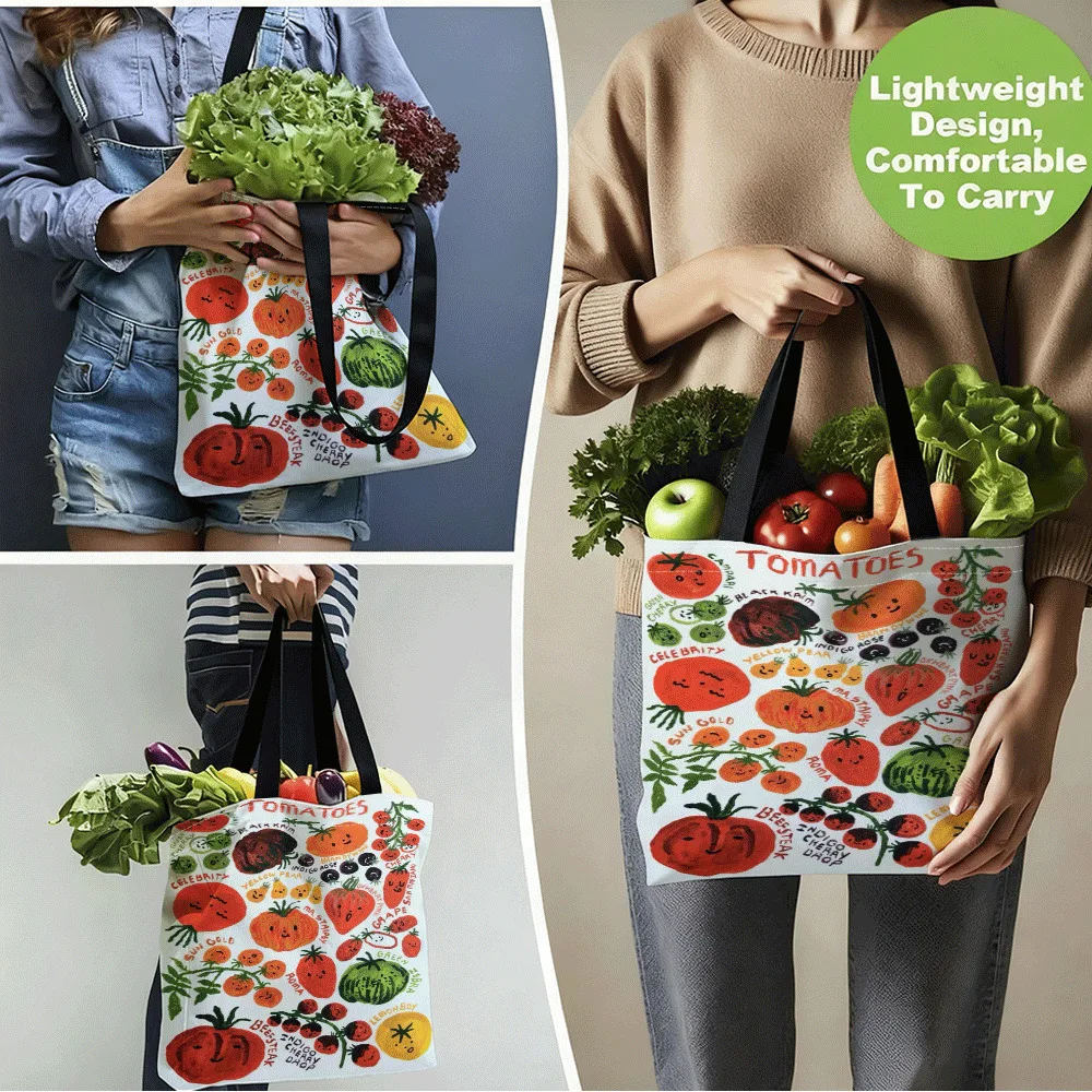 Hand-Painted Tomato Tote Bag - Foldable Reusable Suitable for School, Travel & Grocery Shopping, Durable Bookbag