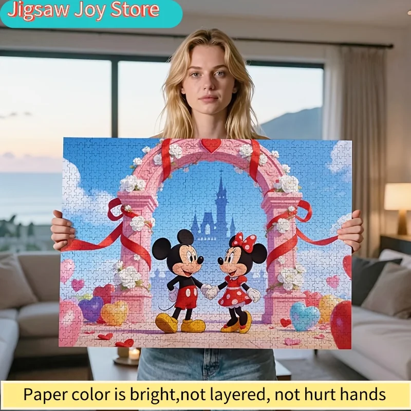 2D platte puzzel, 1000 stukjes Mickey & Minnie Mouse bloemenboog - Romantisch Valentijnsdag cadeau voor koppels, klassiek cartoonontwerp