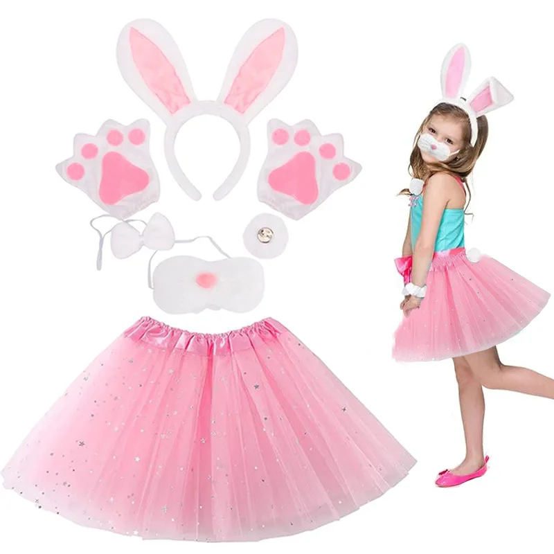الأطفال الفتيات الأبيض أرنب زي الأرنب اللباس مجموعة الإكسسوارات آذان أرنب الشعر الأطواق عقال ربطة القفازات توتو تنورة