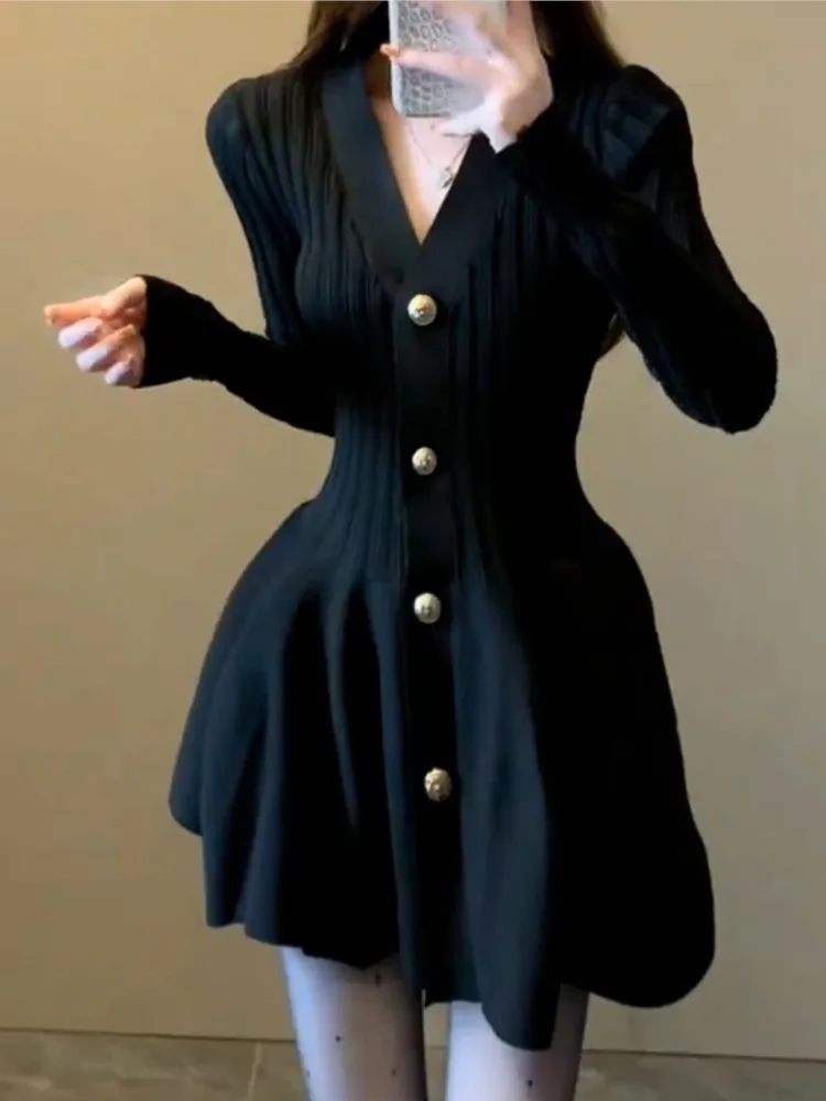 

A-line Dress Dresses 2025 Woman Vestidos V-link Solid Color Knitted Long Sleeves Buttons Slim Temperament Elegant Simple Style