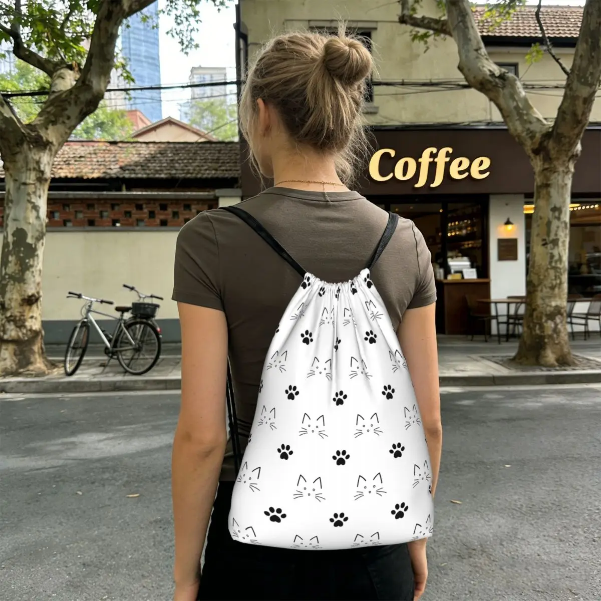 

Cartoon Cat Face And Paw Pattern Backpacks Multi-function Drawstring Bags Sports Bag Book Bags for Travel School