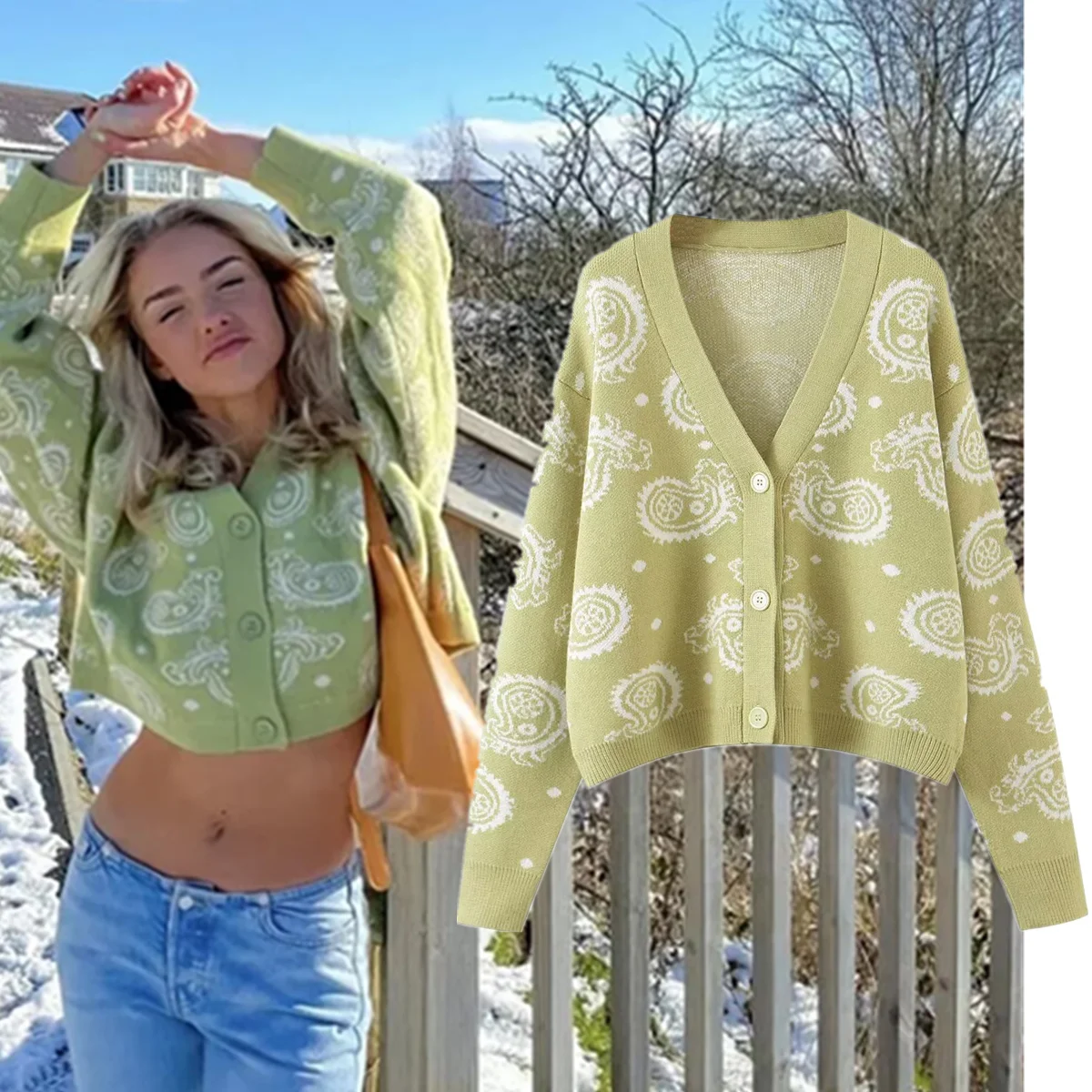 

Dave&Di Ins Fashion Blogger Knitted Cardigans Women Top Jacquard Sweater For Women Single Breasted Autumn Coat Women