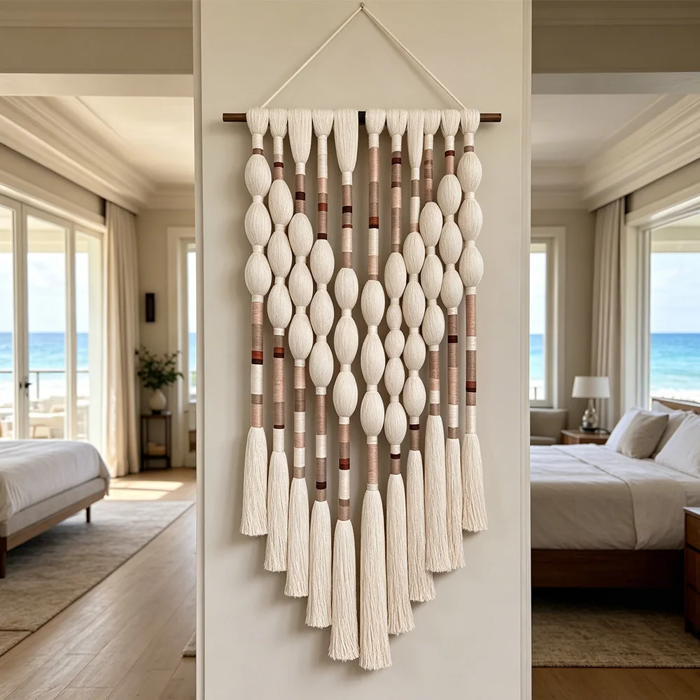 pp#Direct Neutral Brown Beige Stripe Tassel Woven Large Multi-Column Spherical Bead Macrame Wall Hanging for Luxury Villa%