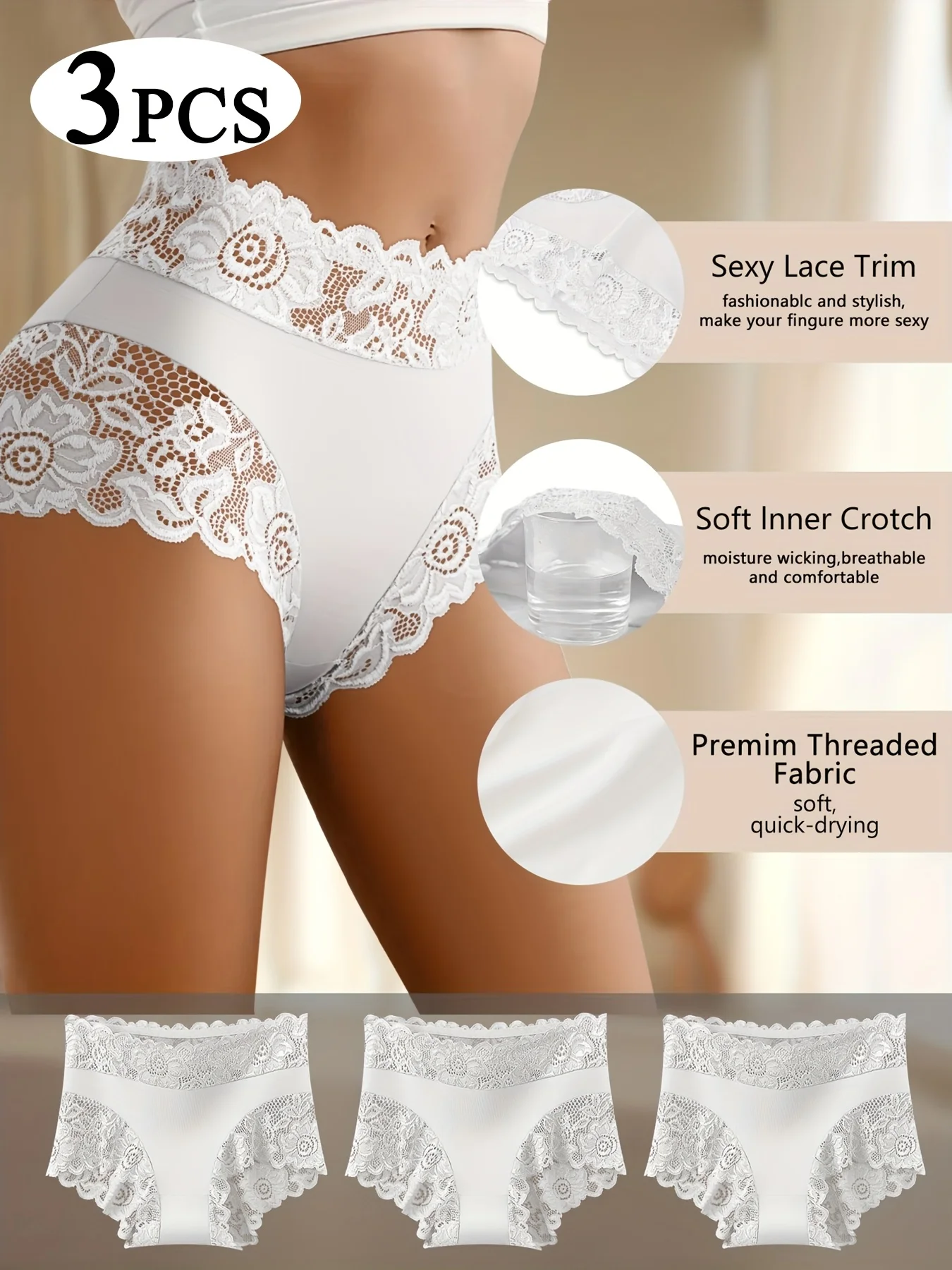 3er-Pack Damen-Höschen mit hoher Taille und elegantem, halbtransparentem Spitzenbesatz. – Detail 4