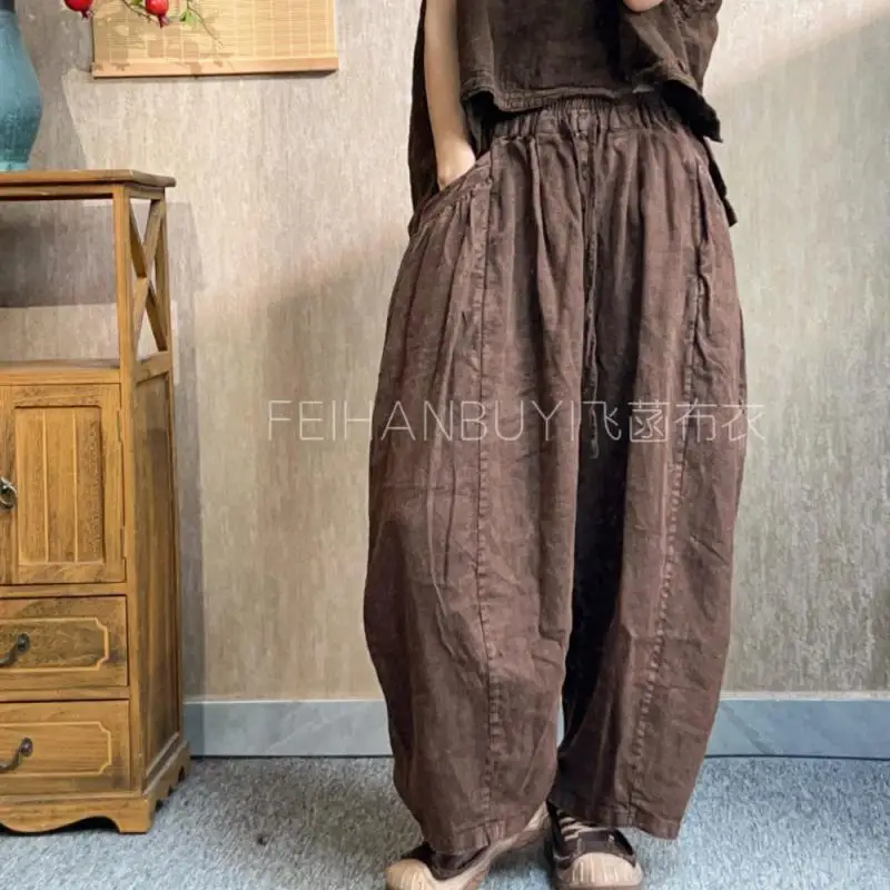 

Весенне-осенние женские свободные брюки до щиколотки с эластичной резинкой на талии, универсальные повседневные хлопковые и льняные шаровары высокого качества