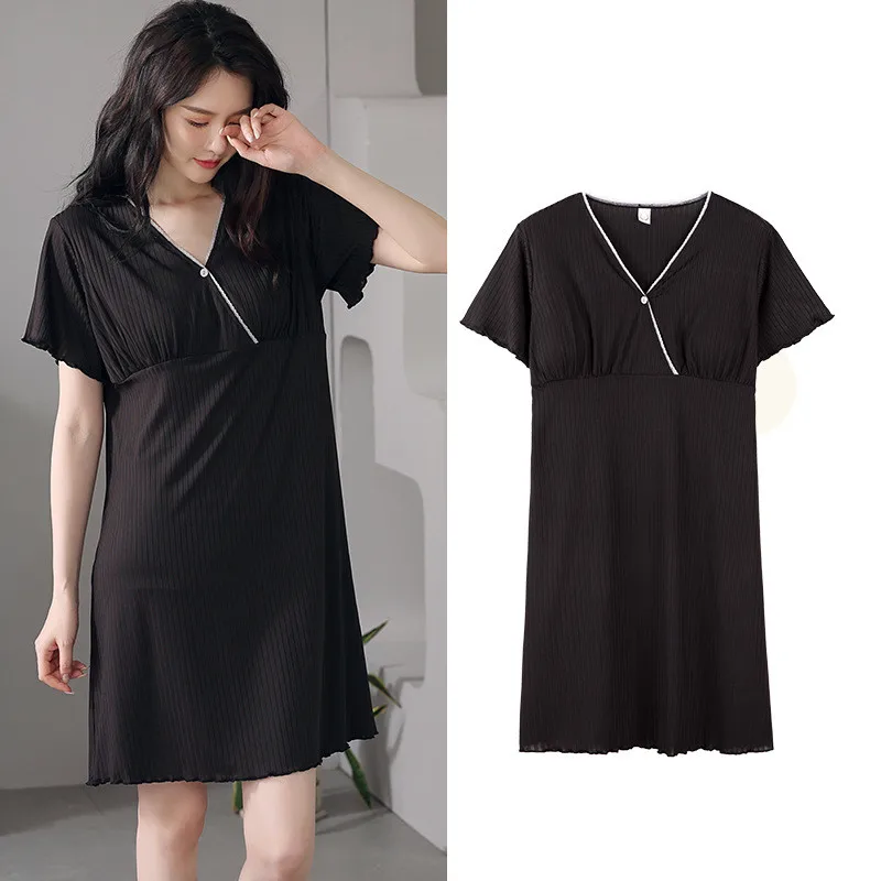 Fdfklak Modal Nursing Nightdress Pregnant Women Short Sleeve Maternity Nightgown Breastfeeding Button Sleepwear Large M-3XL