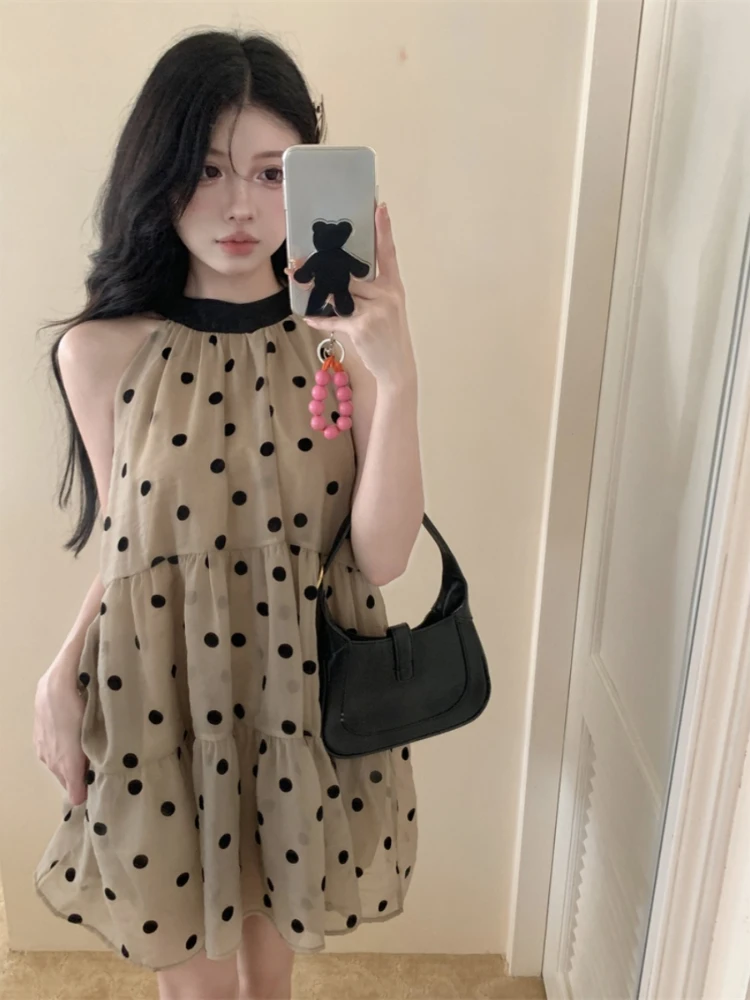 Matakawa Halter Polka Dot Women Dresses Halter Korean Fashion Sweet Loose Vestidos Mujer Spring Summer Loose Retro Mini Dress