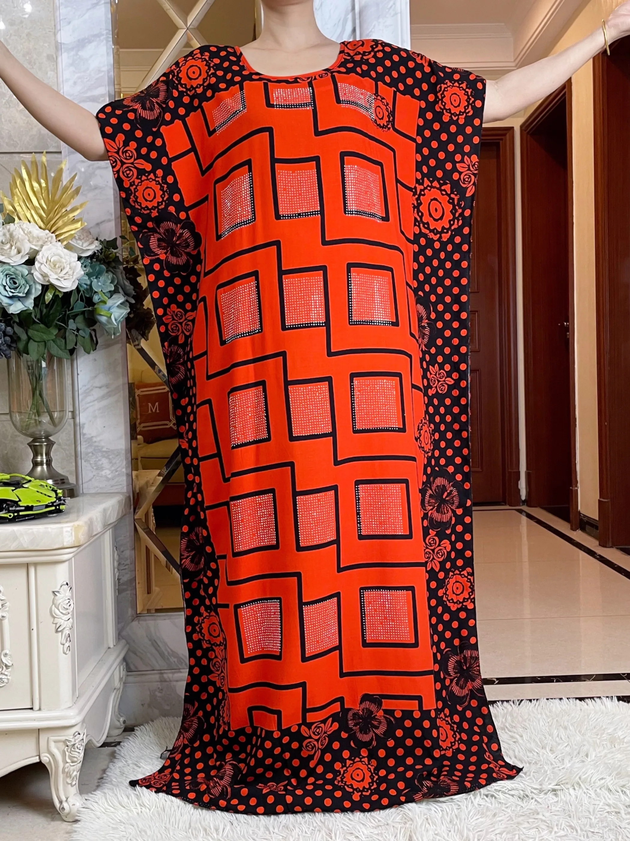 2024 Hot Selling Short Sleeve African Dress With Big Scarf Floral Print Long Cotton Lady Elegant Summer Maxi Casual Loose Abay