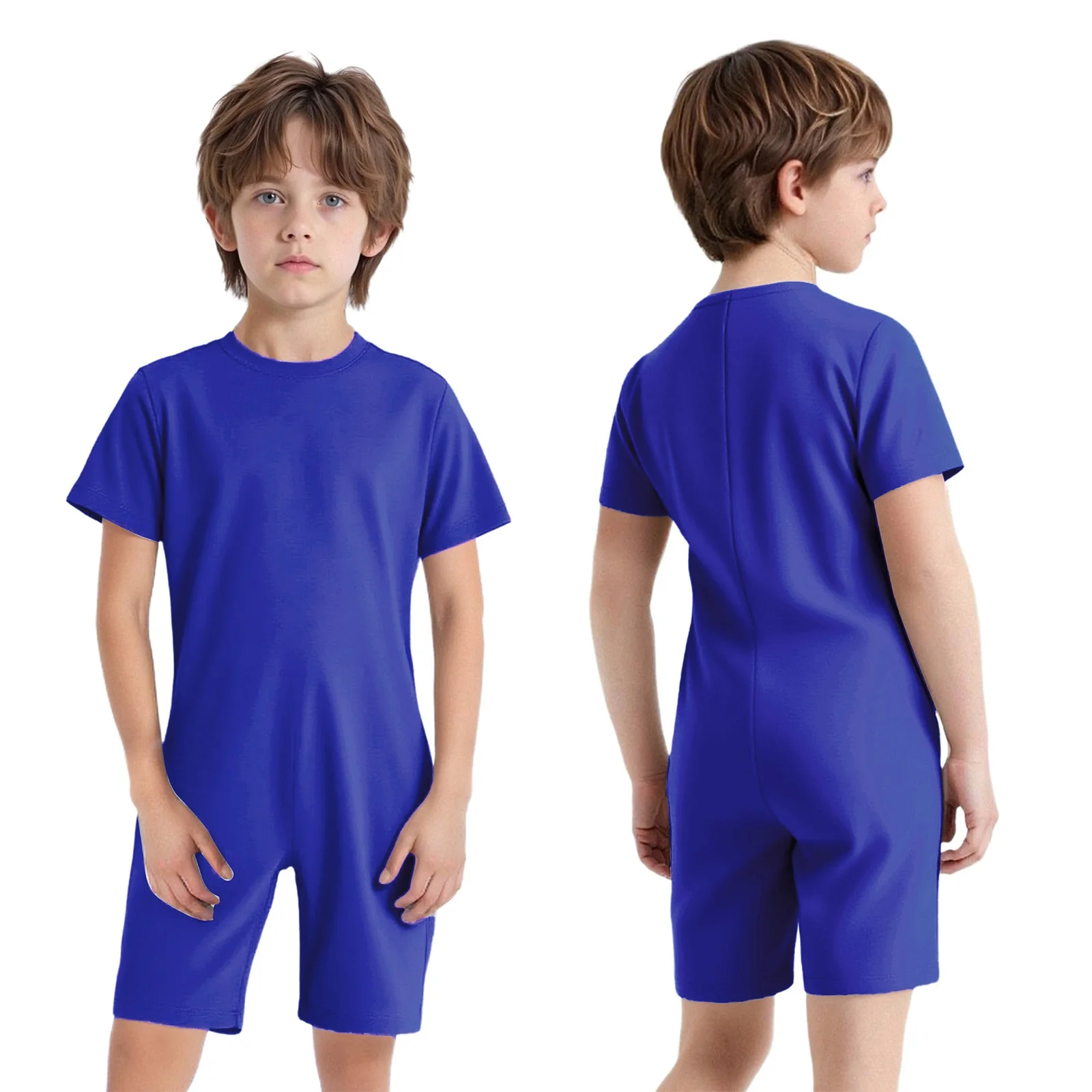 Kids Special Needs Adaptive Clothing Round Neck Short Sleeve Back Invisible Zipper Solid Color Jumpsuit image 5