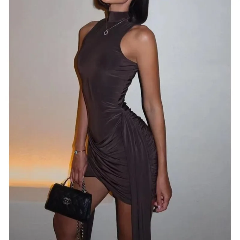 Turtleneck Sleeveless Sexy Short Dress for Women Fashion Irregular Ruched Tank Dress Femme Elegant Club Party Dress