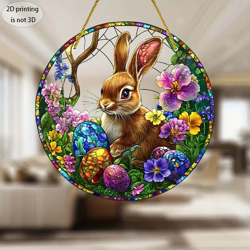2D Printing Easter Bunny Stained Glass Style Metal Wall Art, Round Vintage Rabbit Egg Flower Decorative Tin Sign, Retro Spring H