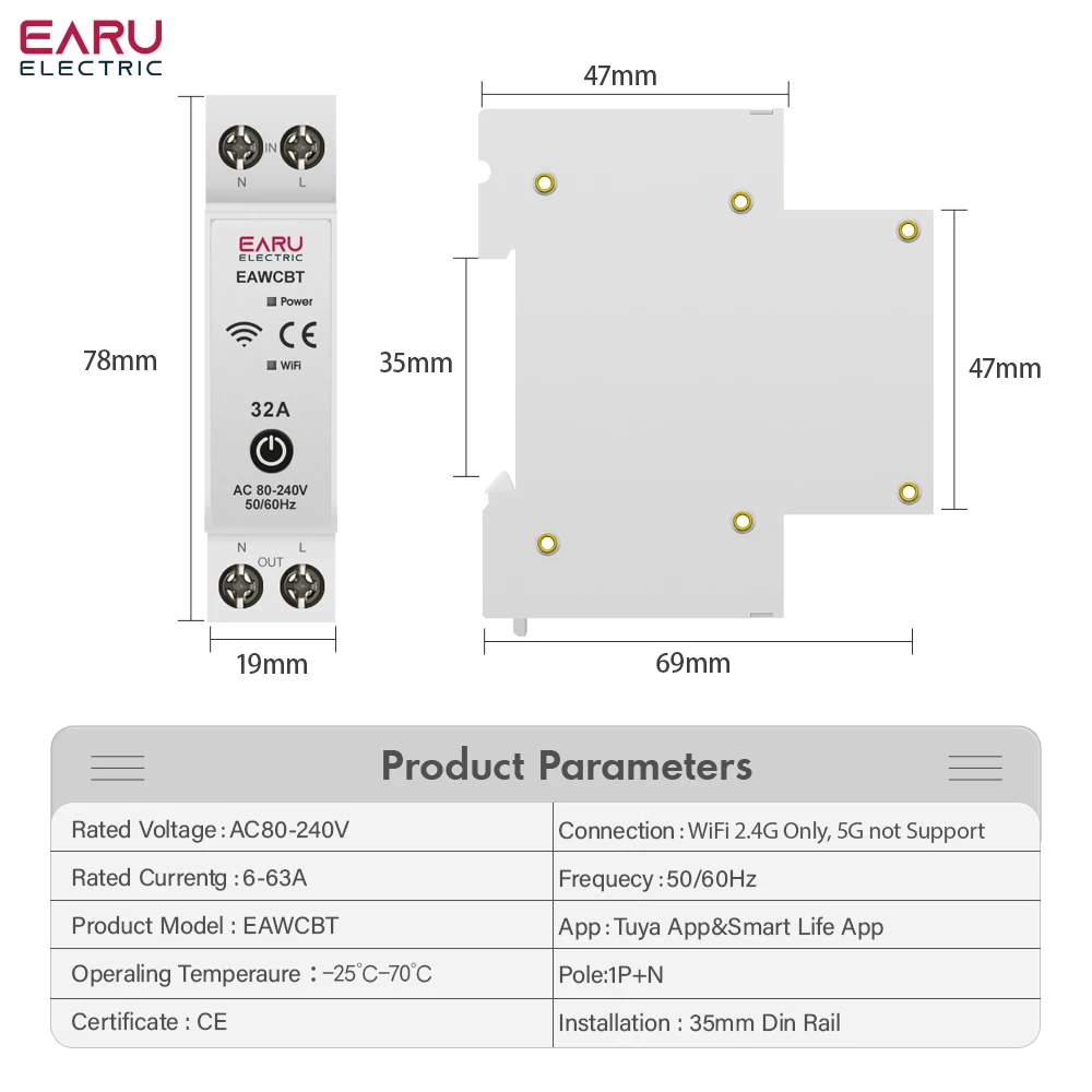 Tuya eWeLink App WiFi Smart Circuit Breaker MCB Time Relay 1P+N 63A Voice Remote Control Switch for Alexa Google Home Assistant