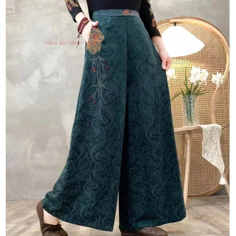 2025 chinese vintage pants retro cotton linen jacquard folk trousers national flower embroidery elastic waist wide leg trousers