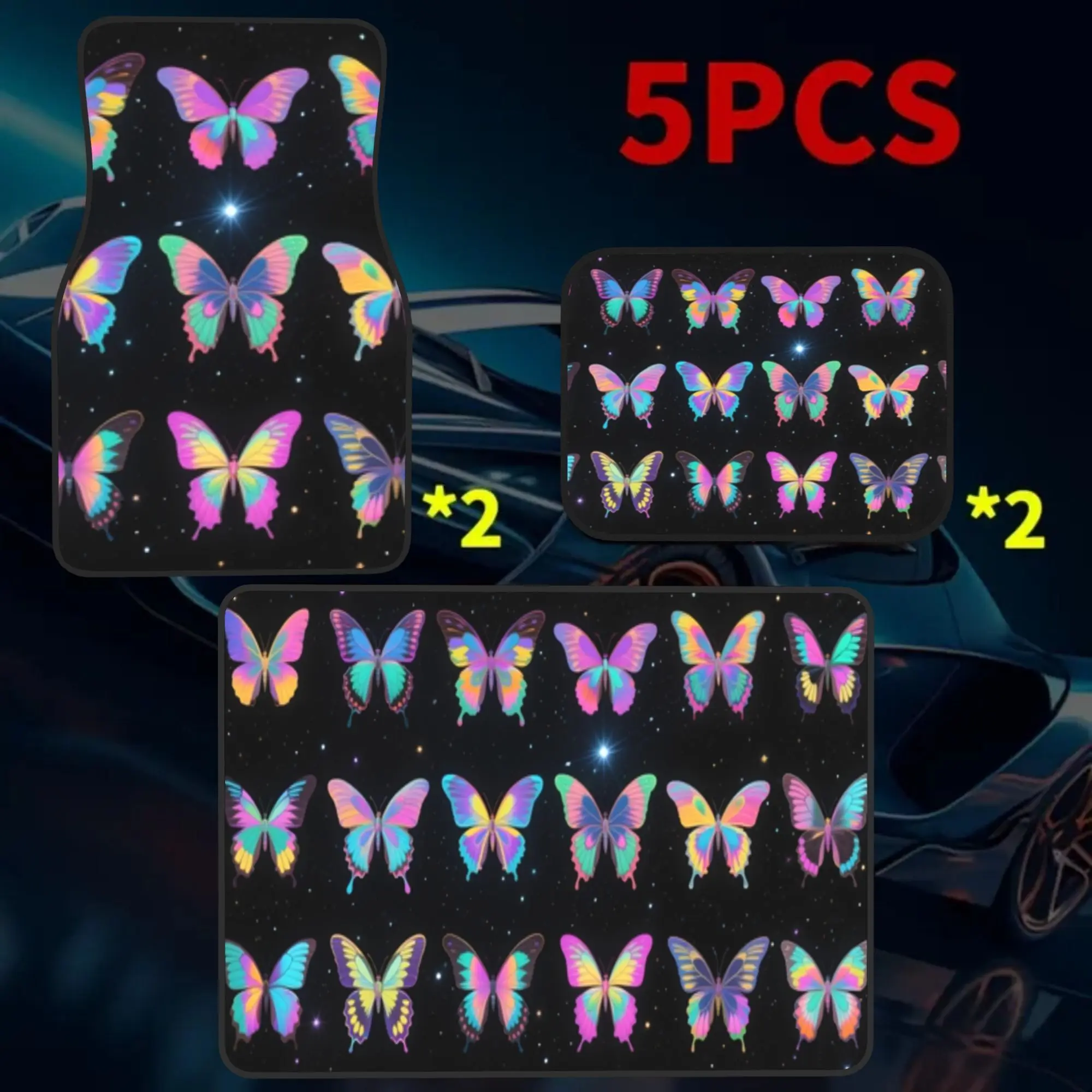 5pcs Set Rainbow Butterflies In Space Printed Car Floor Mats And Rear Trunk Mat, Universal Fit Anti-Slip Wear Resistant Dustproo