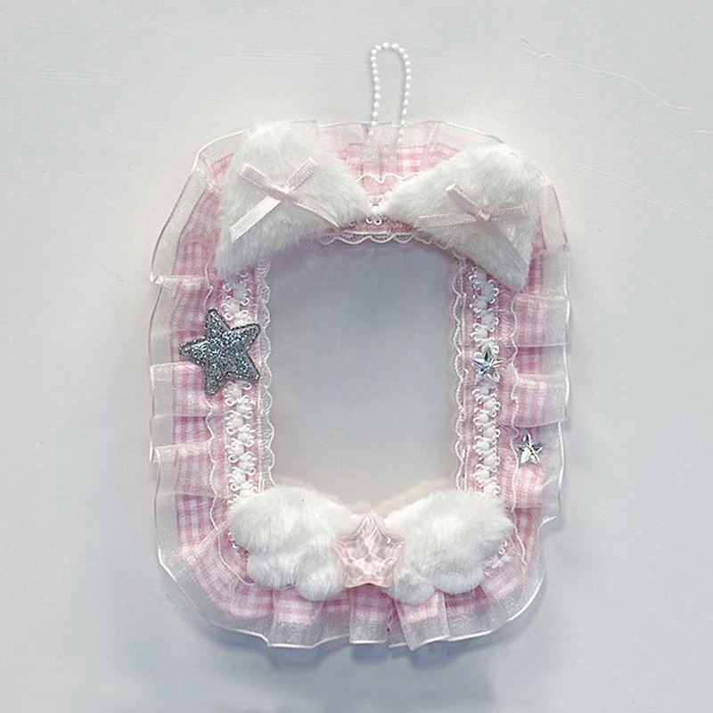 Hand‑crafted photo card holder with plaid fabric, lace and plush trim. Clear PVC shell shields 3‑inch prints and collectible photocards. Collector hobby accessory, decorative casing for personal collectible pieces
