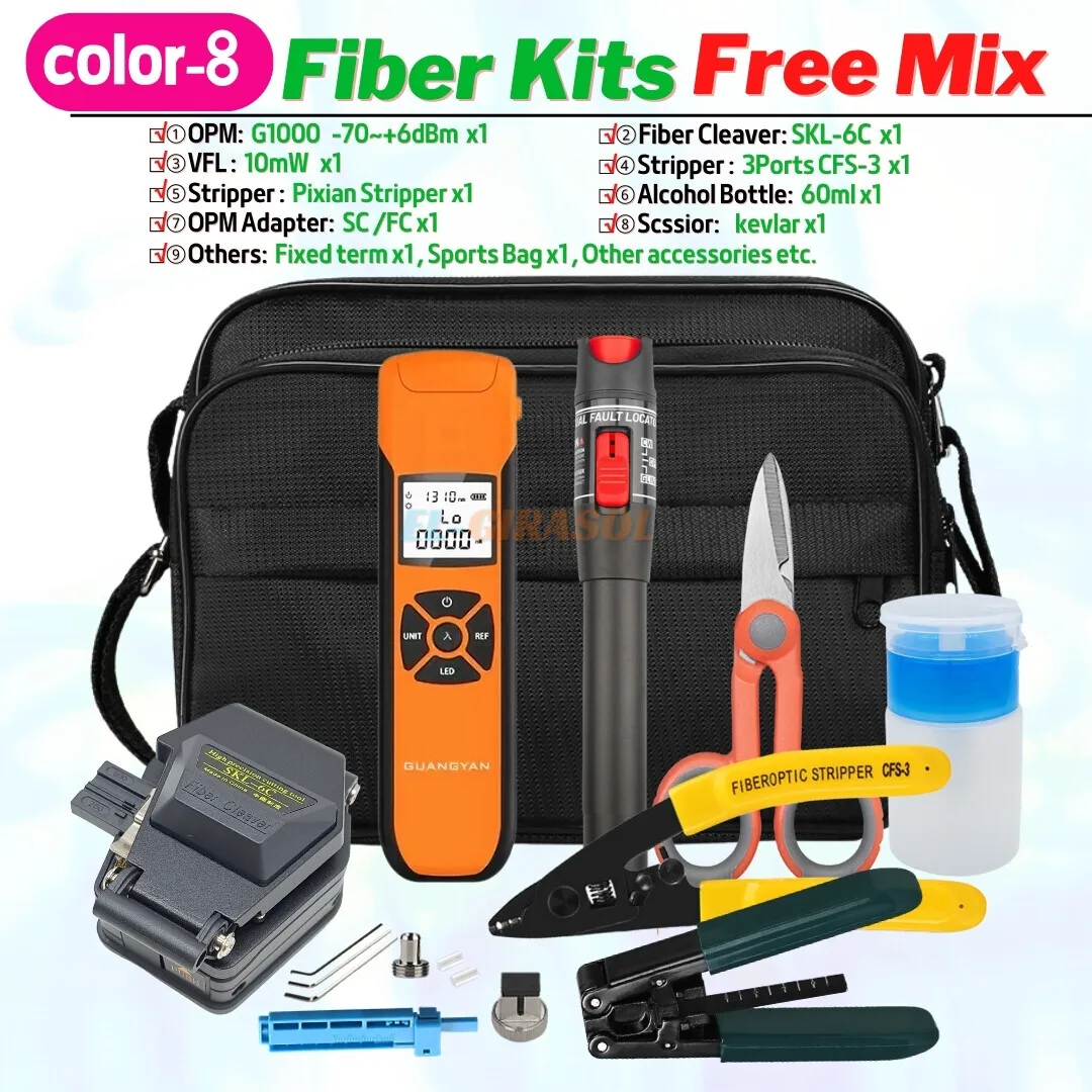 

Fiber Optic Tool Kit with -70~+10dbm G1010 OPM10MW Visual Fault Locator Cleaver SKL-6C CFS-3 Fiber Stripper Wire Stripper FTTH