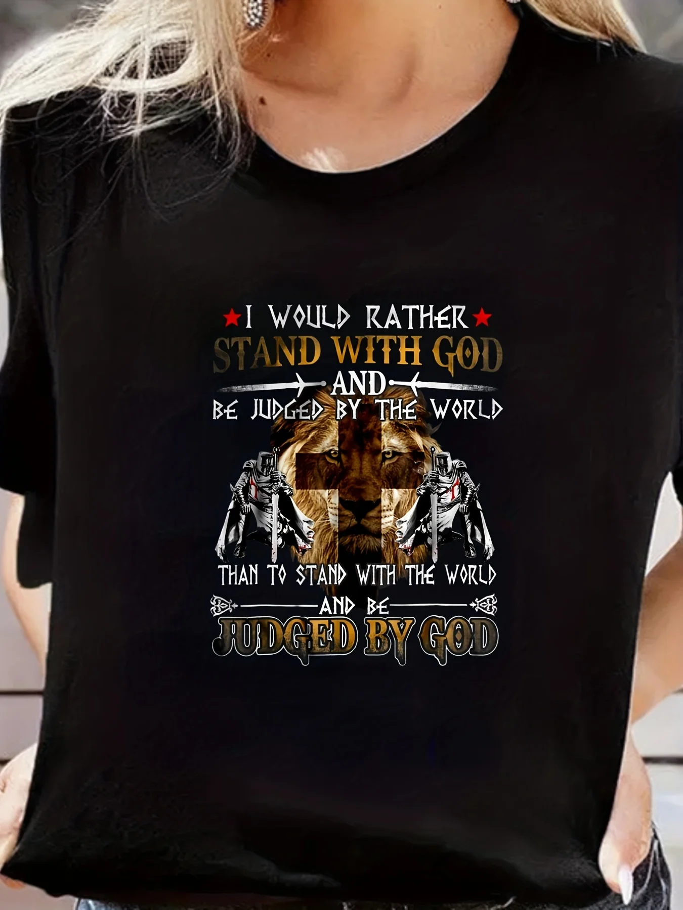 

"I Would Rather Stand With God" Print Short Sleeved T-shirts For Halloween, Solid Loose Crew Neck Active Comfort T-shirts,