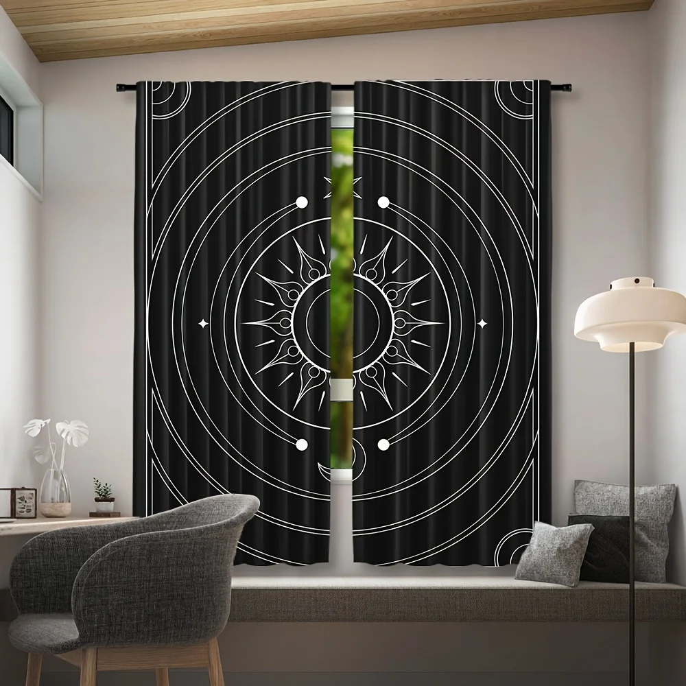 2pcs Boho Mandala Sun and Moon Curtains - Black & White Constellation Design, Semi-Transparent Polyester Window Treatments for L