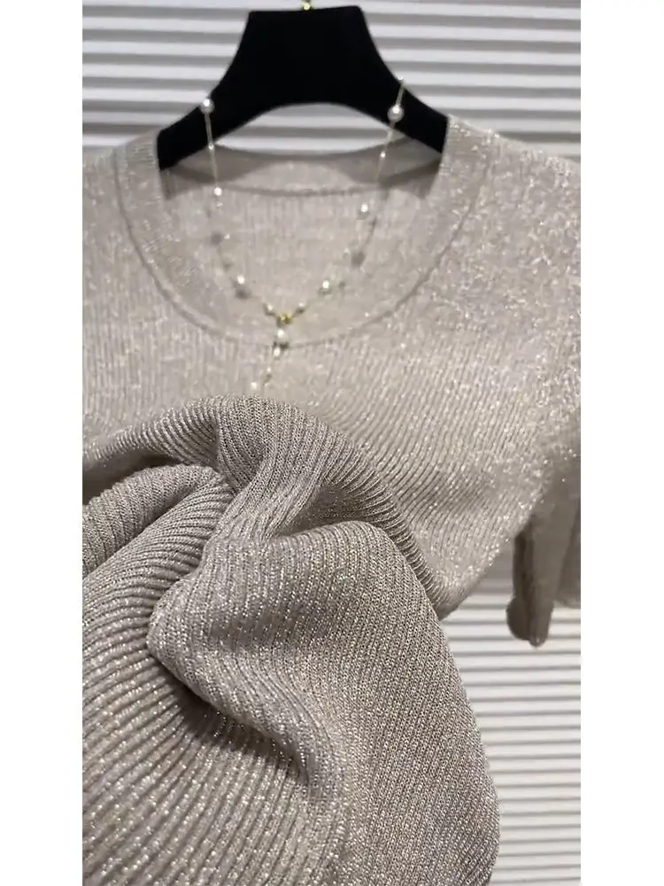 Women Basic Fitted T-shirt Stylish and Pretty Slim Gray Sparkling Short-sleeved Knitted Top
