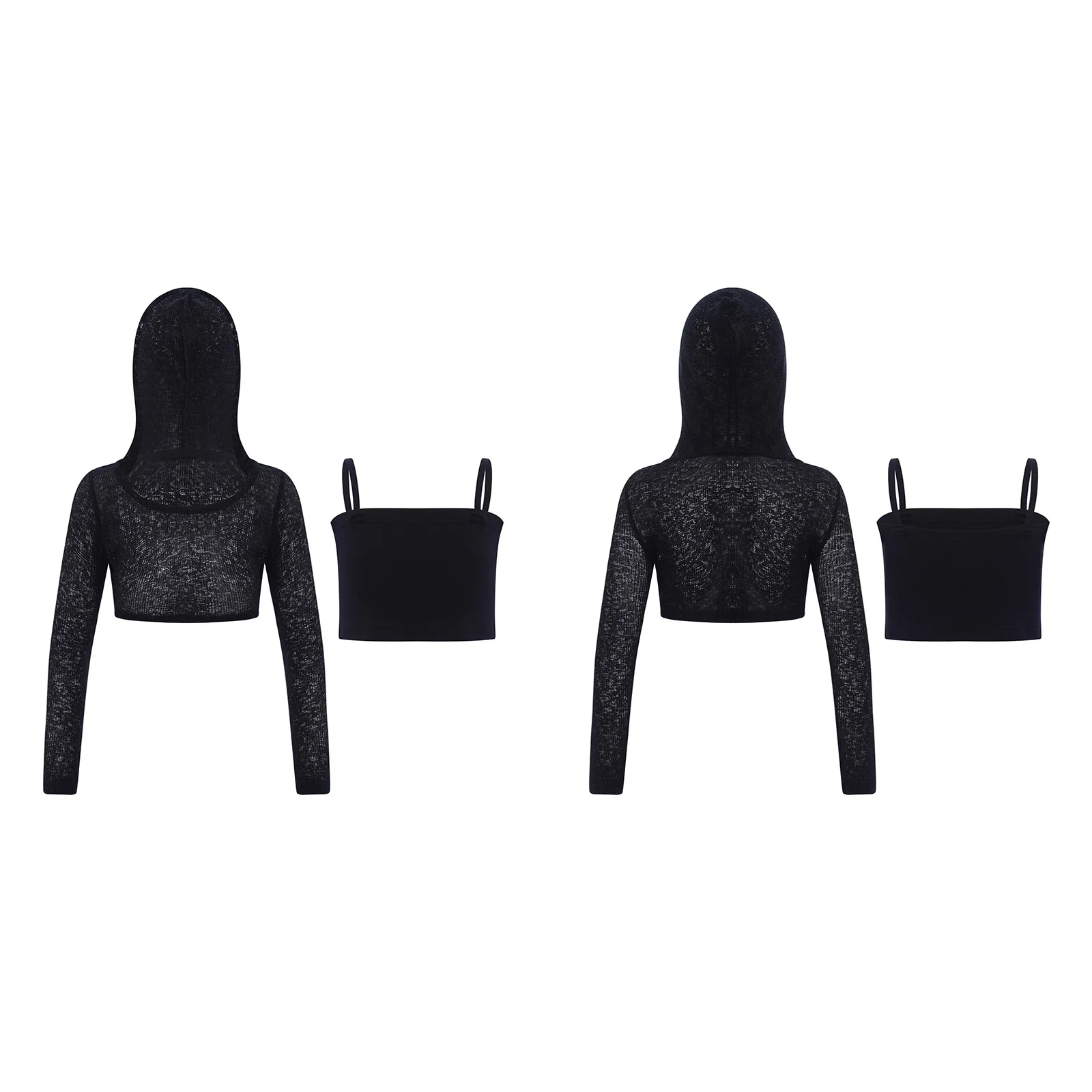 Kids Girl Street Wear Hip Hop Jazz Dance Costume Long Sleeve See-Through Hooded Crop Top+Spaghetti Straps Camisole Dancewear Set