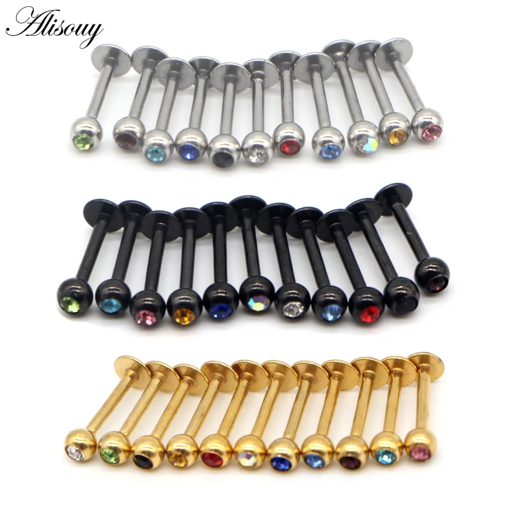Alisouy 1PCS LABRET BODY PIERCING BAR LIP RING STUD 16G RAINBOW BLACK GOLD Color HOT LIP EAR NOSE JEWELRY FOR WOMEN MEN 11COLOR