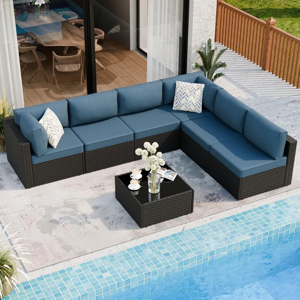 

7 Pieces Outdoor Patio Sectional Sofa Couch, Wicker Furniture Patio Conversation Sets with Washable Cushions & Coffee Table