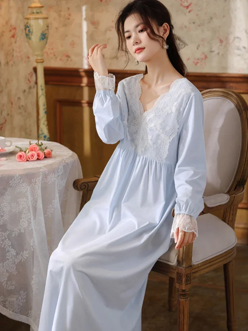 Women Cotton Ruffles Lace V-Neck Vintage Nightgowns Robe Nightie Long Sleeve Night Dress Victorian Romantic Princess Sleepwear