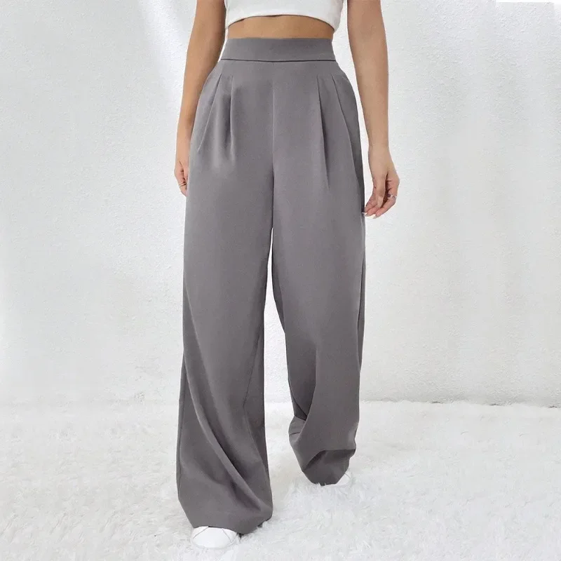 

2024 New Women's Elastic Waist Pocket Straight Leg Wide Leg Pants Loose Casual Style Long Pants Korean Streetwear Women YSQ29