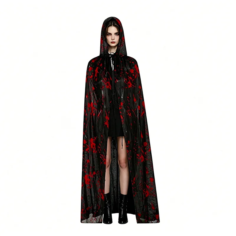 Costume Cape Drawstring Blood Handprint Print Cloak Halloween Cloak Full Length Cosplay Cloak For Role Play Events Masquerades