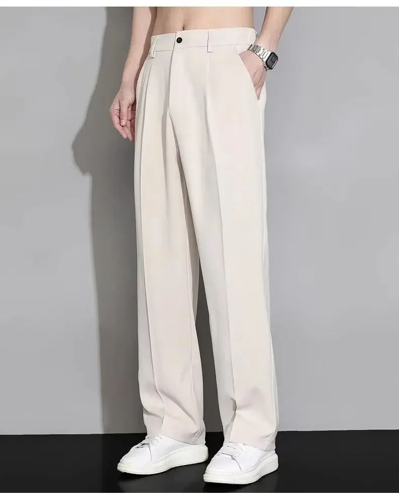 Korean Men Pants Summer Ice Silk Casual Long Pants Elastic Waist Elegant Suit Trousers Straight Wide Leg Business Pants Y2k