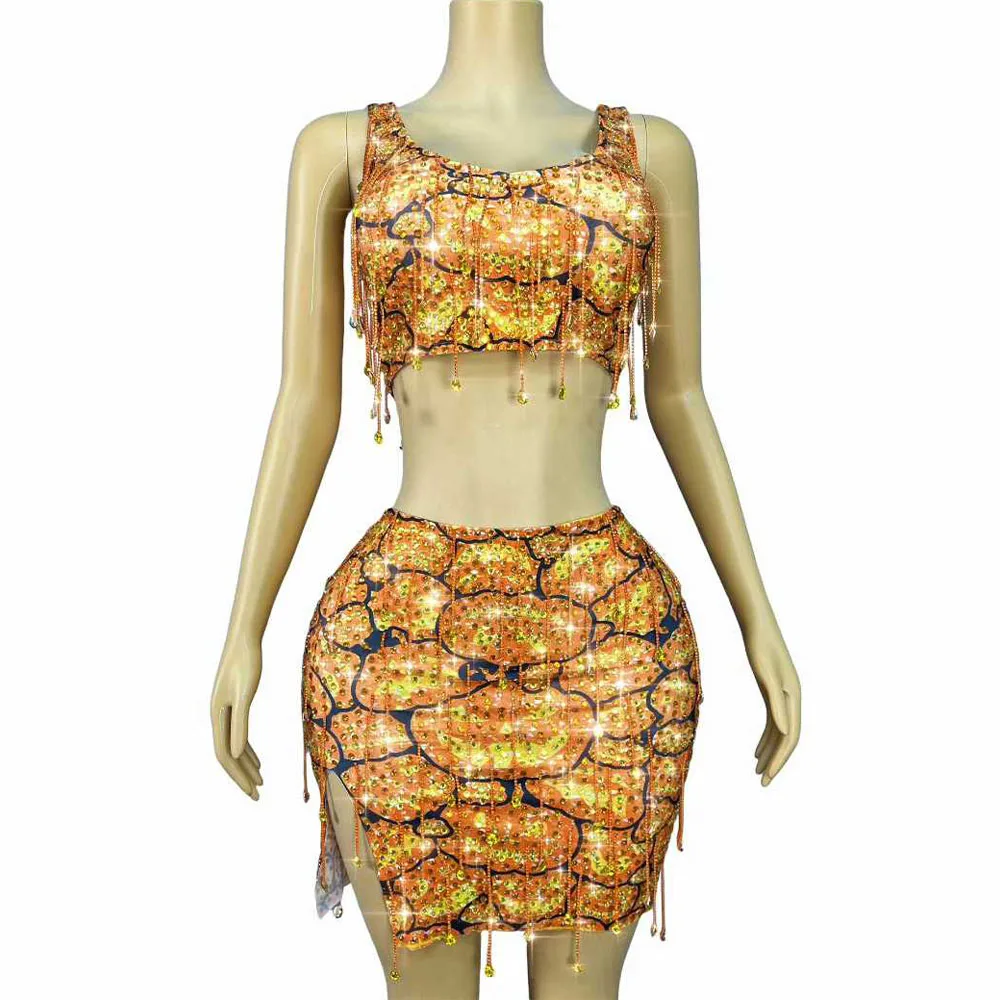 섹시한 호박 인쇄 깜박이는 라인스톤 크리스탈 프린지 의상 탑 스커트 할로윈 의상 파티 쇼 사진 촬영 무대 의상