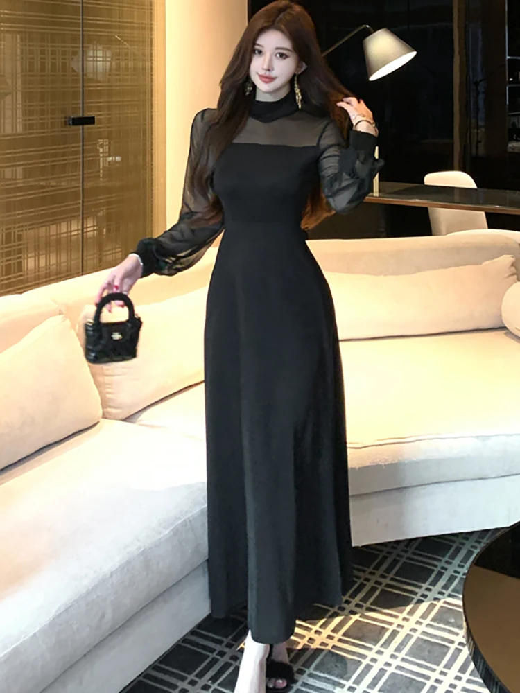 Vestido largo Sexy transparente de malla con parches negros para mujer, vestido de noche Vintage Hepburn 2025, vestido de fiesta ajustado coreano para Otoño e Invierno