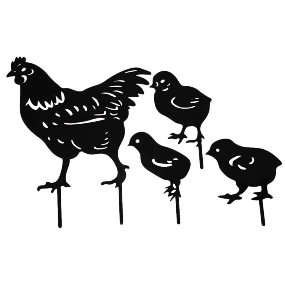 Black Chicken Garden Decorative Statues Metal Animal Chicken Family Statues Hollow-Cut Hen And Chicks Silhouette Plugins Lawns