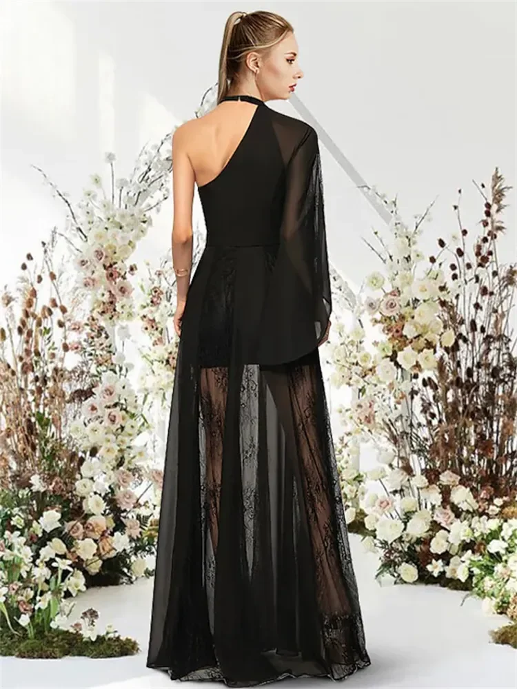 Black A-line halter tulle applique ball gown Women's maxi dress One shoulder pleat Formal party special occasion evening dress