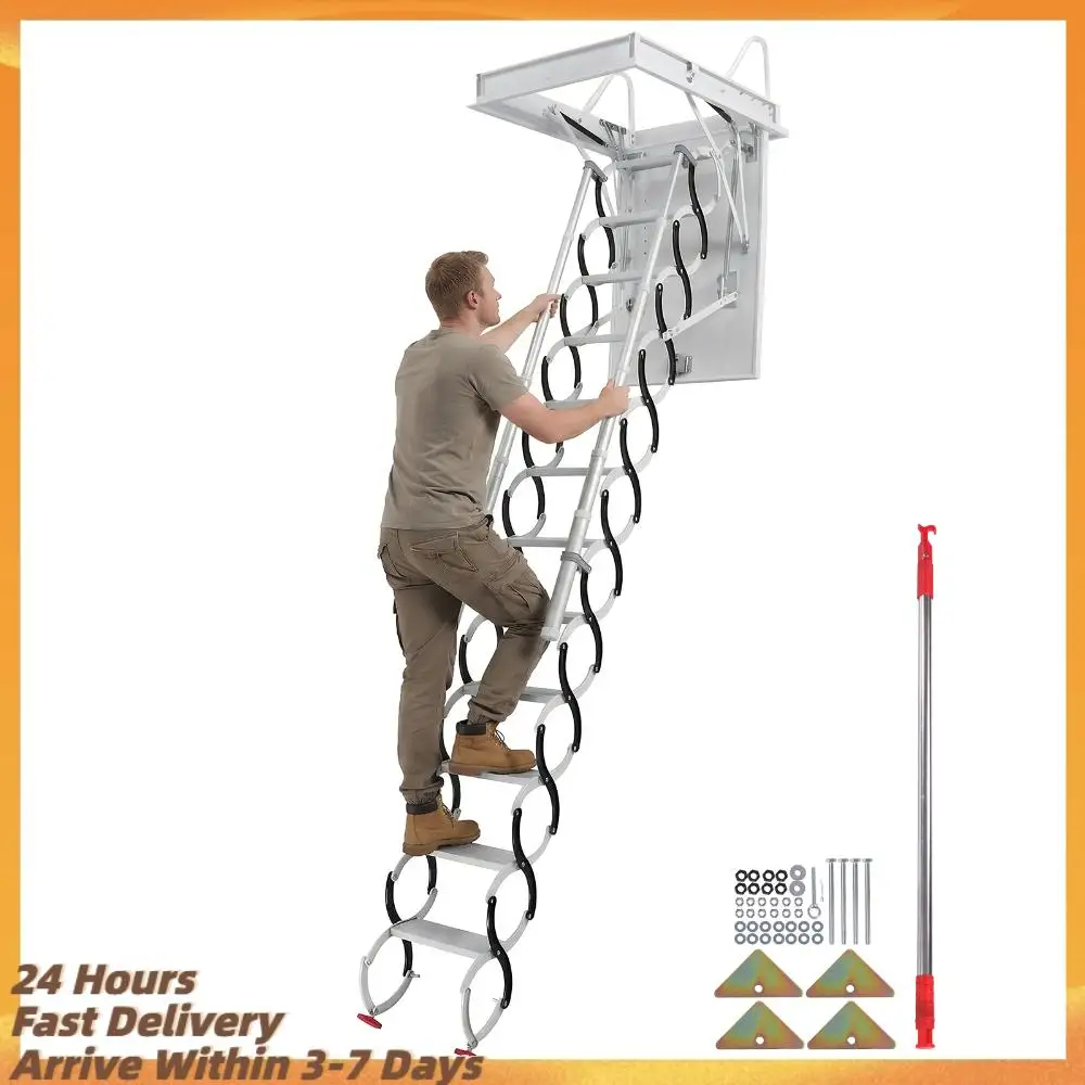 

Folding Loft Ladders with Handrails Hidden Mount Attic Extension Stairs 660LBS Capacity Pull Down System For Home Duplex Villas