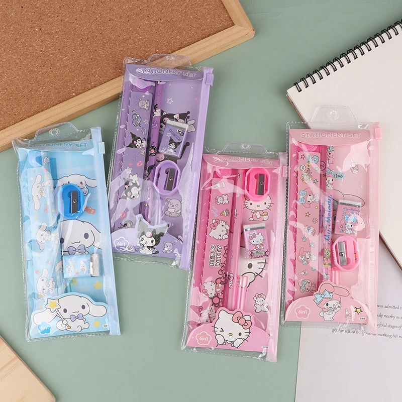 Kawaii Sanrio Stationery Set Pencil Eraser Ruler Cinnamoroll My Melody Kuromi Painting Primary School Supplies for Student Gifts