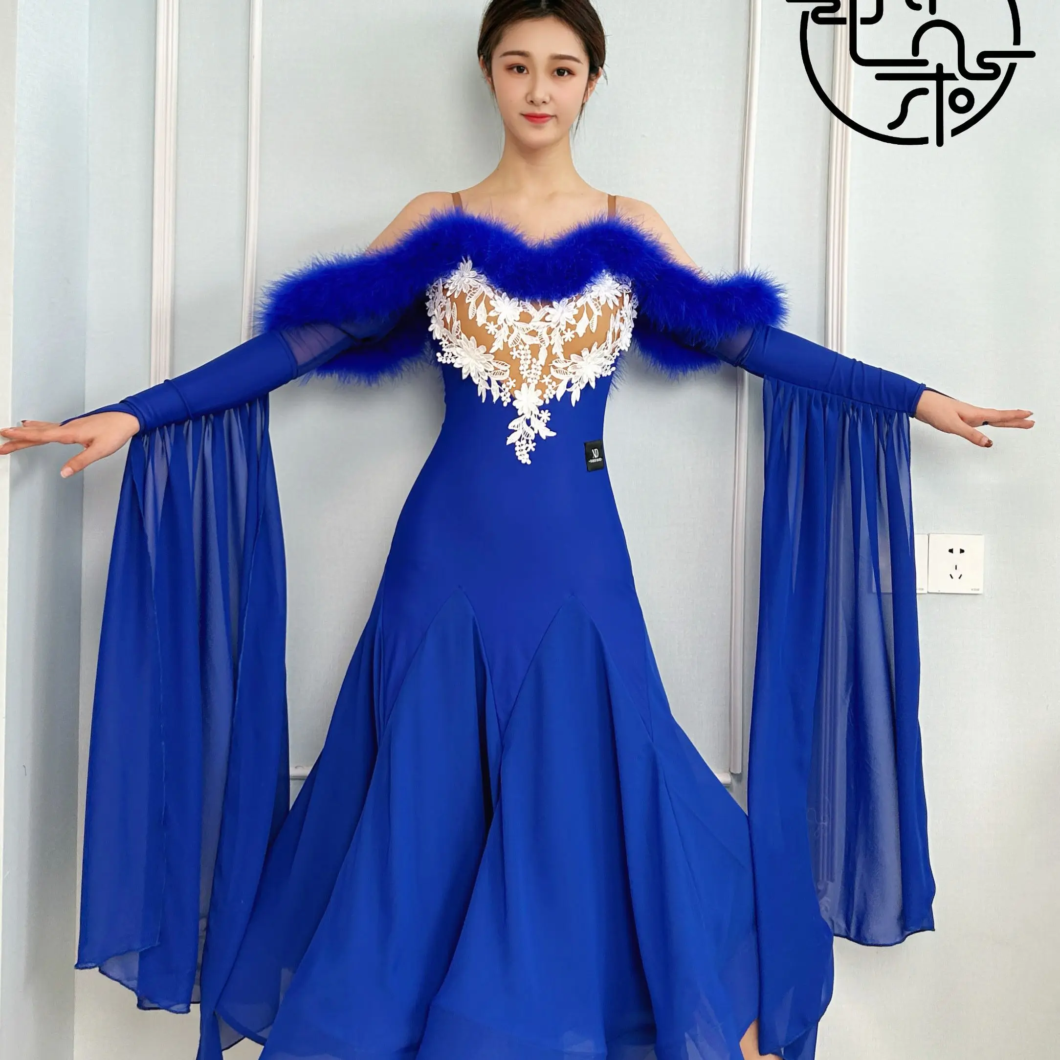 Ballroom Dance Competition Dress Women Waltz Feather Embroidery Lace Long Dress Waltz Dance Performance Costume Prom Dress 18283