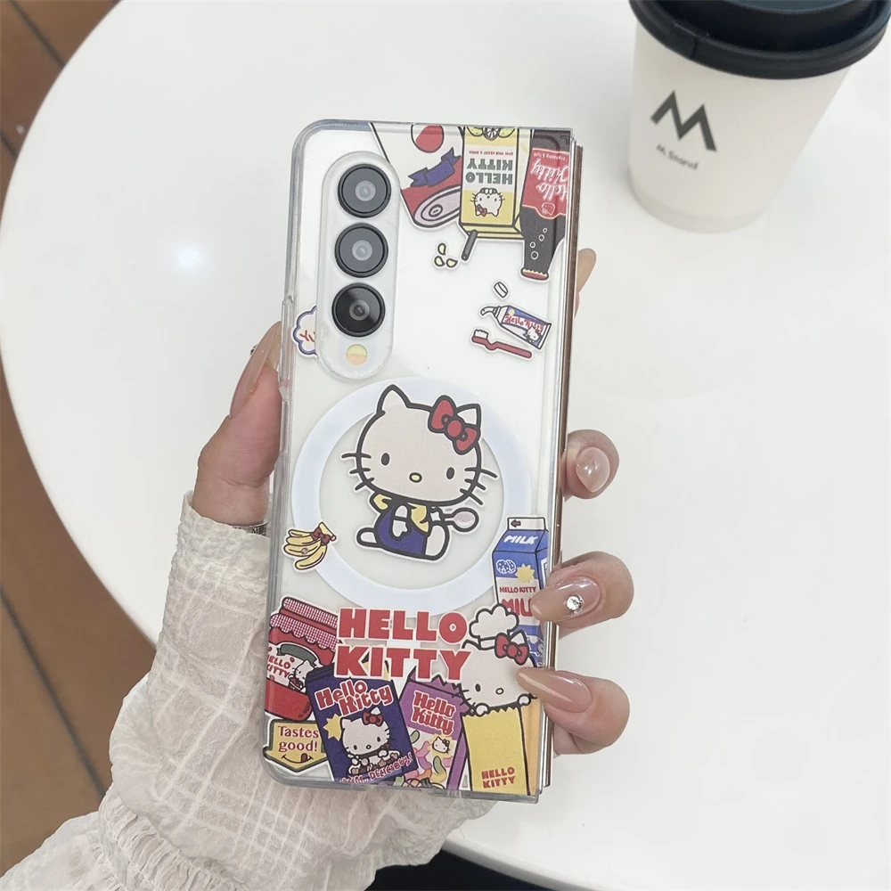 Protective Folding Magnetic Case for Samsung Galaxy Z Fold 6 5 3 5G Fold5 fold6 Fold4 Fold3 Acrylic Phone Cover Hello Kitty