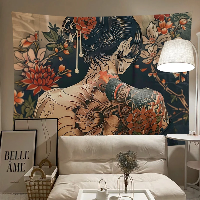 VIKAMA Japanese Geisha Tapestry Ukiyo-e Tattoo Art Wall Hanging for Bedroom Living Room Dorm Traditional Home Decor
