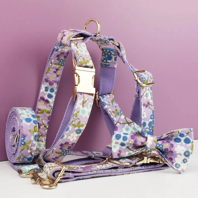 Adjustable Dog Harness Printed Purple Soft Cotton Personalized Dog Collar Leashes Harness Bow Set Dog Accessories Flowers 03