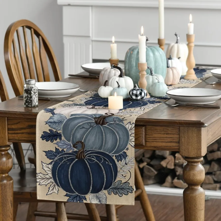 الأزرق والأبيض الخزف اليقطين الحبر 210 GSM الخريف الجدول عداء الموسمية الخريف المطبخ طاولة طعام الديكور للمنزل الطرف #3