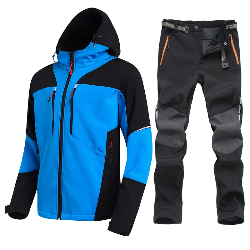 Pantaloni da trekking riflettenti da uomo Giacca softshell in pile caldo invernale Set Pantaloni da sci da ciclismo da trekking impermeabili da esterno