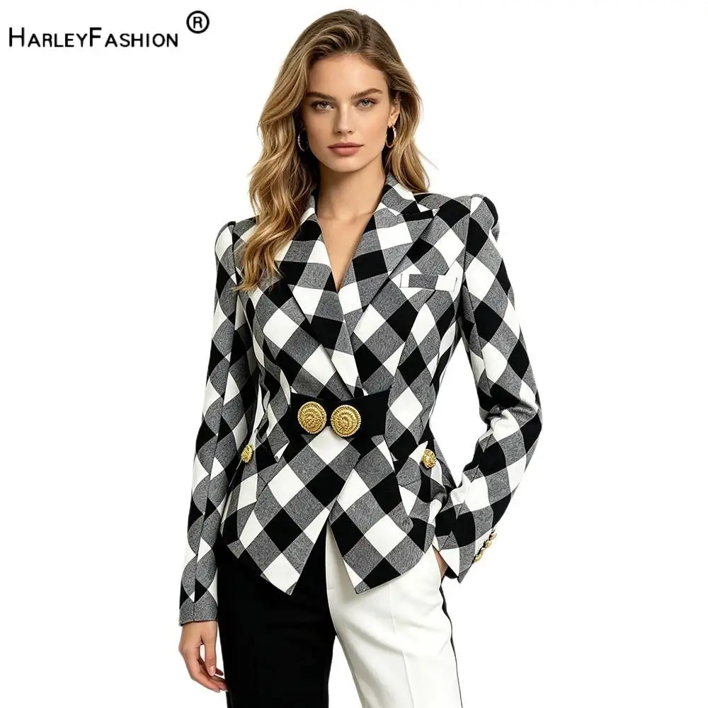 In Stock Vintage Designed Houndstooth Lady Fashion Office Wear Notched Slim Fitted Long Sleeve Blazer for Women