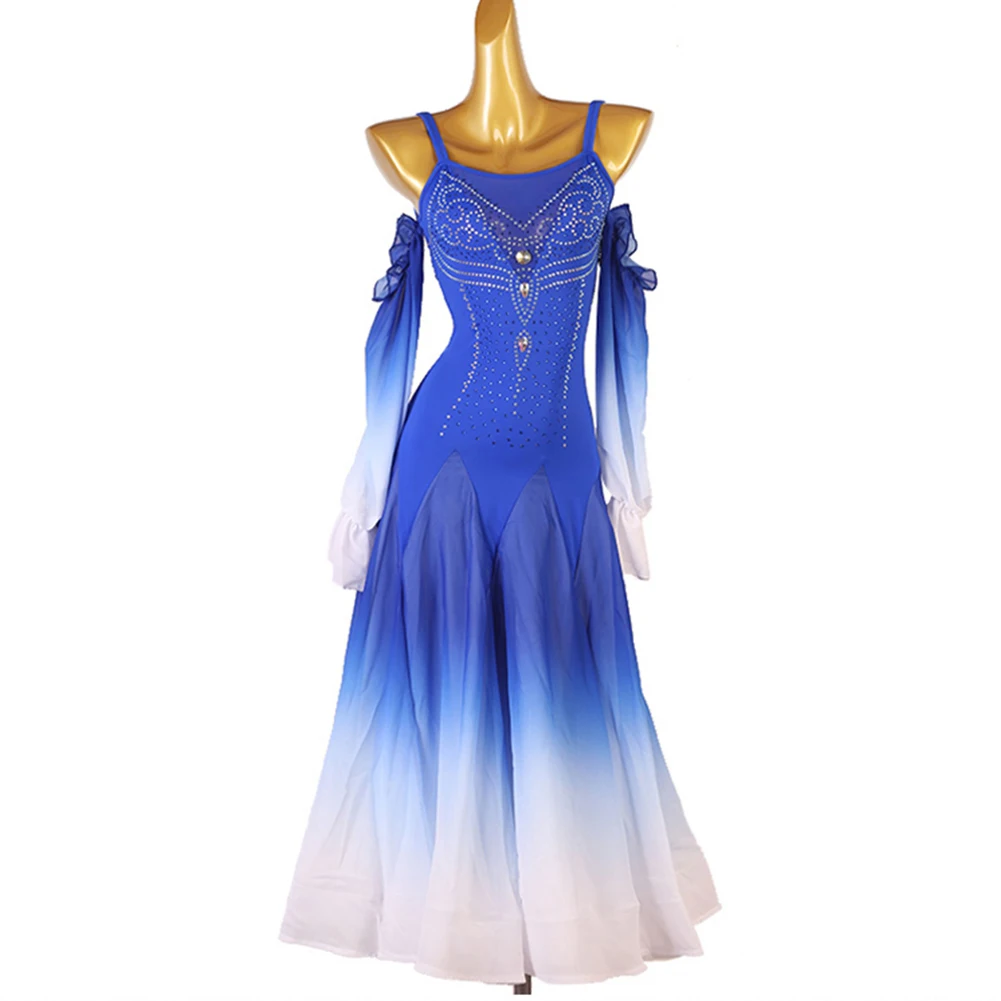 

Blue Waltz Ballroom Long Dress Competition Long Sleeve Practice Dance Suit Rhinestone Sling Make New GB Dance Suit