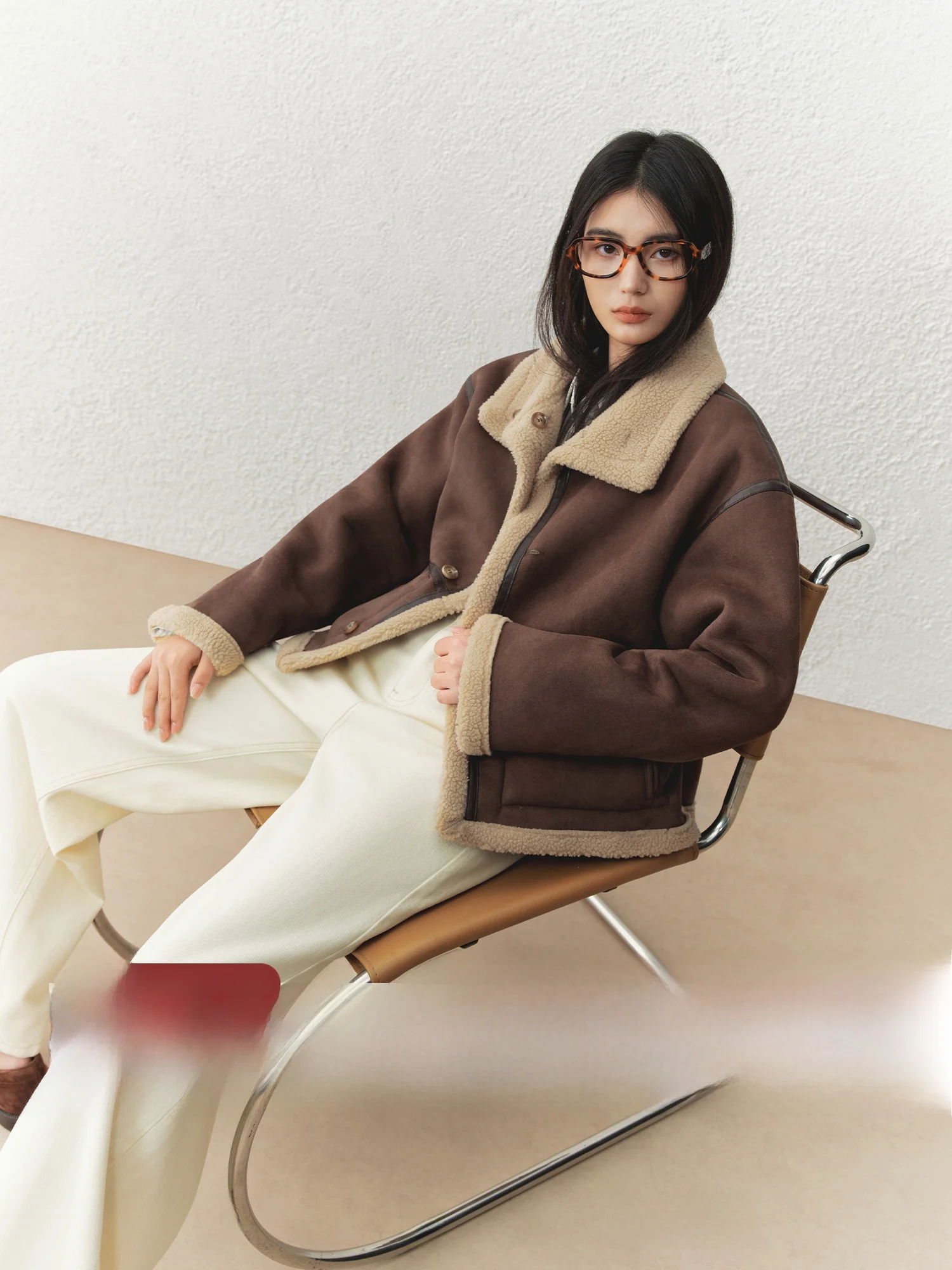 

Warm Brown Leather Fur Integrated Jacket for Women Elegant Simple Style Long Sleeve Coat Thickened Winter Outerwear