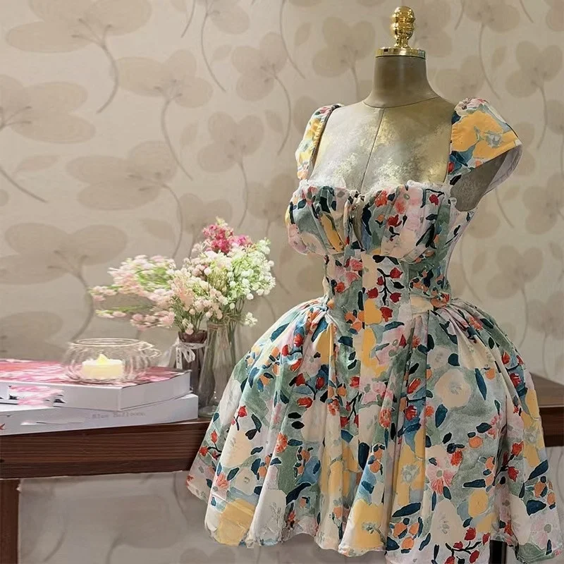 Faionable Printed Pleated  Dr Slip Sexy Dr High Waist A-Line Skirt ort Dr Sweet Sle Daily Wear Summer 2025