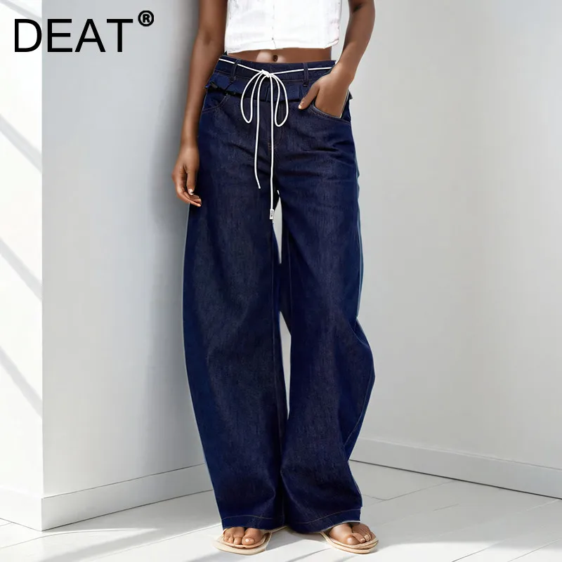 DEAT Women's Fashion Retro Lace-up Patchwork Denim Long Pants High Waist Wide Leg Jeans Female 2024 Arrival Winter New 11A02168